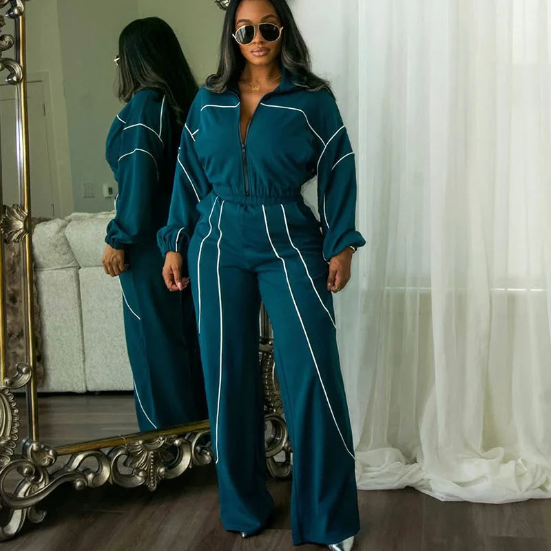 Doyerl Striped Casual Tracksuit Woman Two Piece Set Sports Workout Zipper Long Sleeve Jacket Coat and Sweatpants Matching Sets