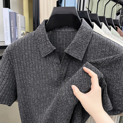 Men's Breathable Knitted Polo Tee Short Sleeve V Neck Striped Fabric Lightweight Casual Business Daily Wear
