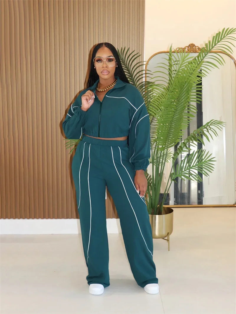 Doyerl Striped Casual Tracksuit Woman Two Piece Set Sports Workout Zipper Long Sleeve Jacket Coat and Sweatpants Matching Sets