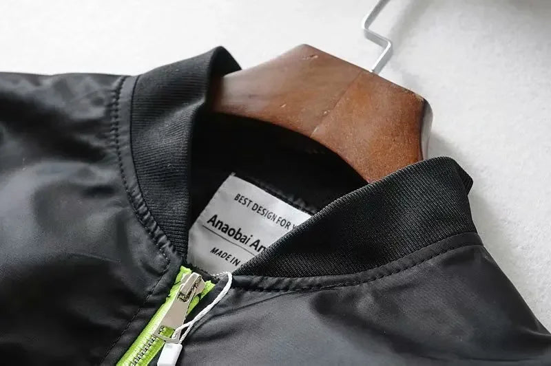 High Waisted Cropped Flight Jacket Women Spring Autumn Long Sleeved Folds Zipper Outerwear Casual Loose-fit Bomber Jackets Coat