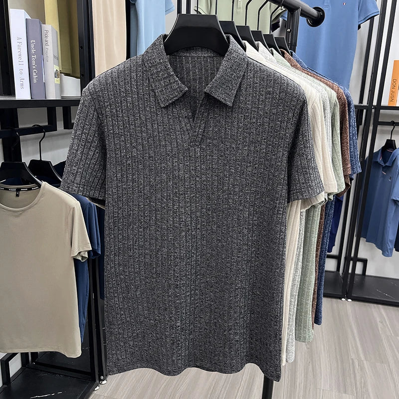 Men's Breathable Knitted Polo Tee Short Sleeve V Neck Striped Fabric Lightweight Casual Business Daily Wear