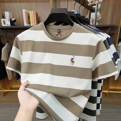 Striped Round Neck Short Sleeved T-shirt for Men's Summer Casual Loose Breathable Top Embroidered Men's Base T-shirt
