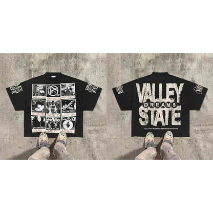 American Hip Hop Retro Theater Valley Division Harajuku Gothic War Print Summer New Retro Fashion Men and Women Streetwear