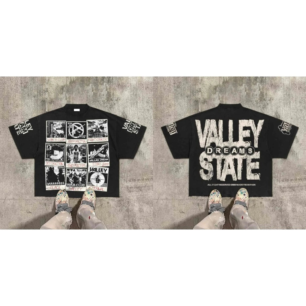 American Hip Hop Retro Theater Valley Division Harajuku Gothic War Print Summer New Retro Fashion Men and Women Streetwear