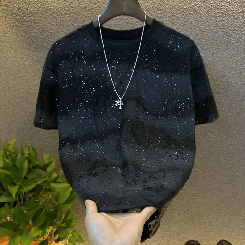 Men's Clothing Solid Color Summer Bestseller Luxury High-End Short Sleeve Trendy Korean Style Sequin Gradient Ripped Round Neck