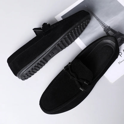 2026 Summer Casual Fashion Driving Loafers Suede Leather Minimalist Slip-Ons Comfortable Trendy Work Shoes Black & Khaki Two-Ton