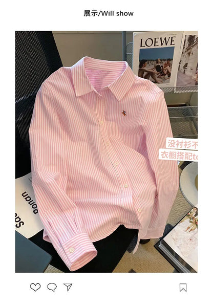 Striped Polo Neck Button Shirt Tops Long Sleeve Loose All-match High Street Blouse Fashion Casual Spring New Women Clothing