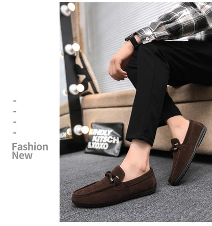 2026 Summer Casual Fashion Driving Loafers Suede Leather Minimalist Slip-Ons Comfortable Trendy Work Shoes Black & Khaki Two-Ton