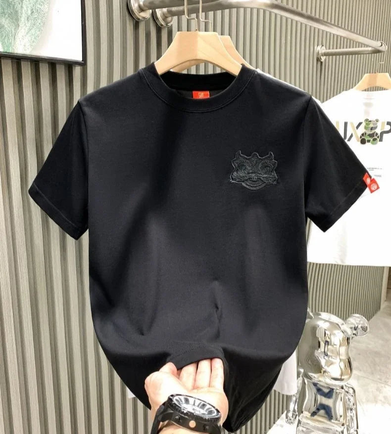 Male Tees Shirts Skinny Embroidery Lion New In Party Y2k Original Tops Hot Basic Korean Popular Clothes Cool Cheap Men's T-shirt