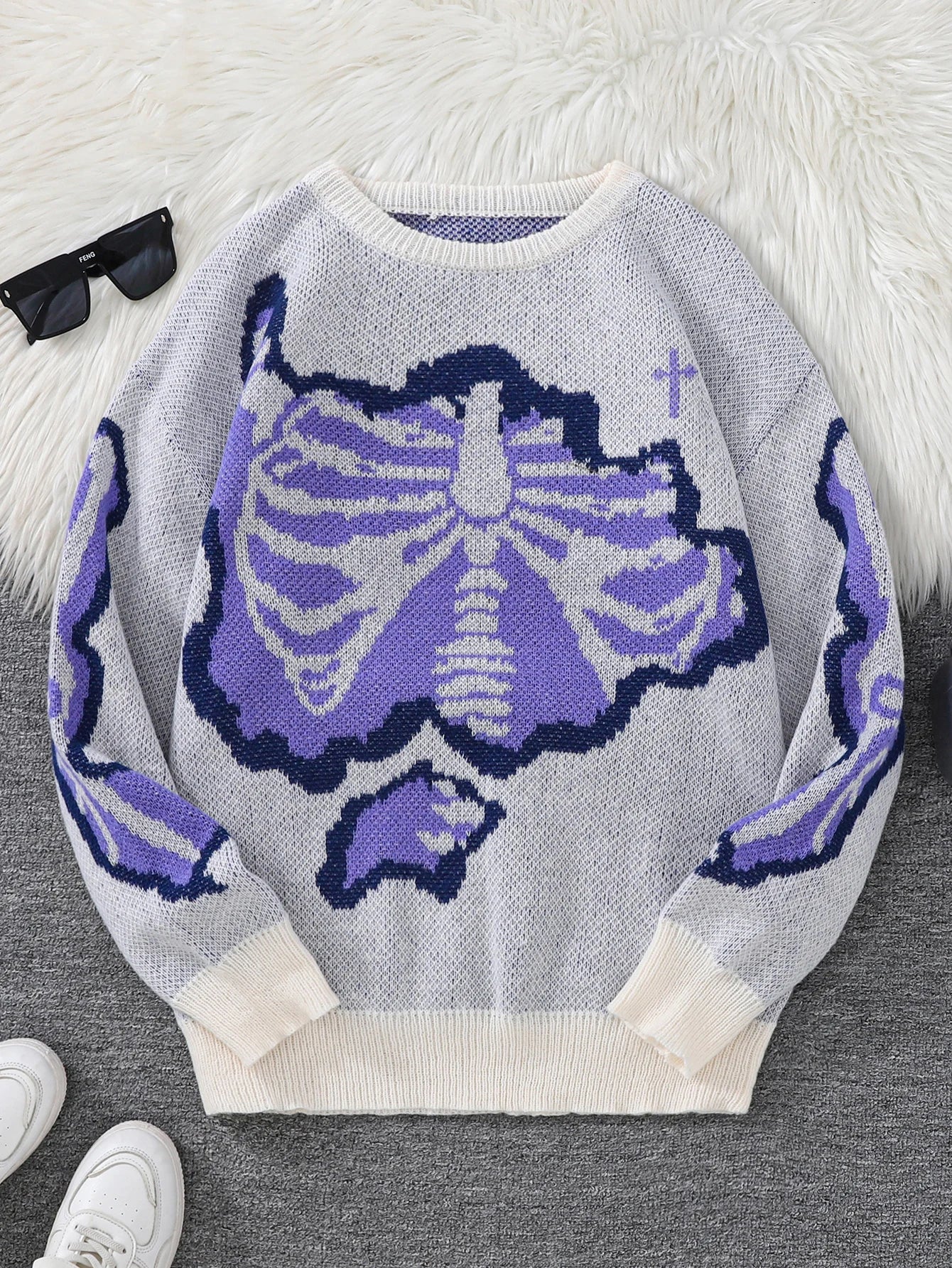 New Popular Spring and Autumn Bone-Shaped Butterfly Jacquard Pattern Pullover Sweater Casual Round Neck Contrast Color Knitted m