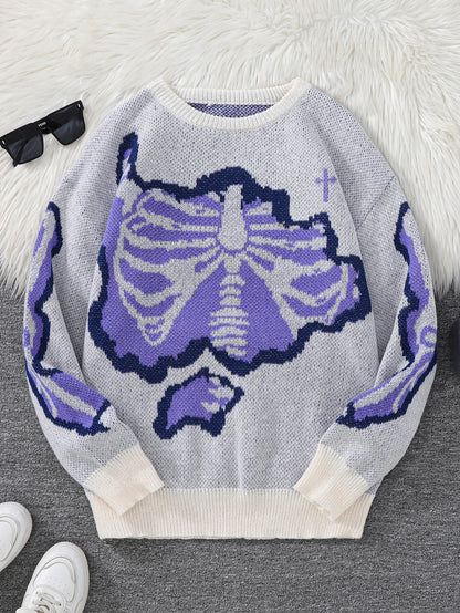 New Popular Spring and Autumn Bone-Shaped Butterfly Jacquard Pattern Pullover Sweater Casual Round Neck Contrast Color Knitted m