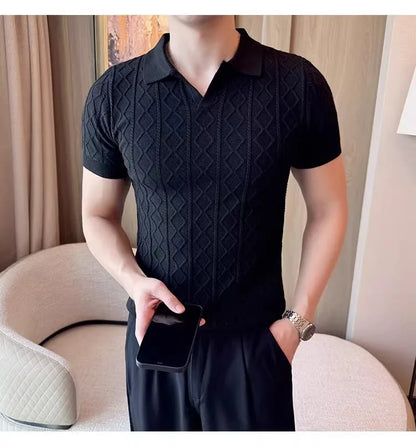 Polo Style Sweaters for Men Summer New Slim Fit Short Sleeve Business Casual T-shirts Male Solid Turn Down Collar Knitwear Tops