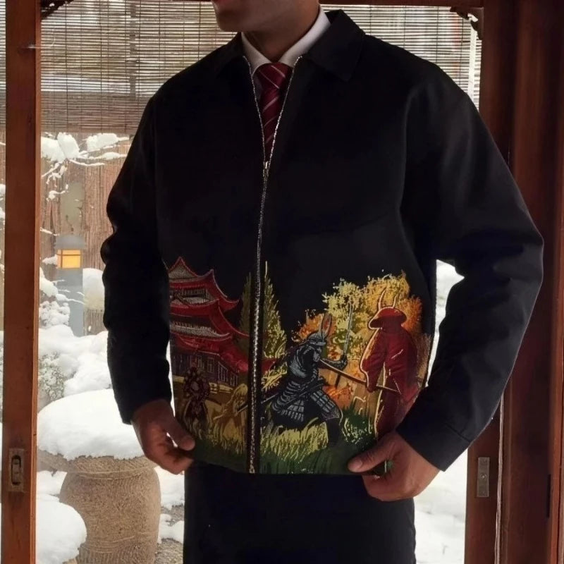 Mens Jacket Japanese Samurai Embroidery Vintage Baseball Coat Harajuku Unisex Heavy Embroidered Loose Fit Streetwear Couple New