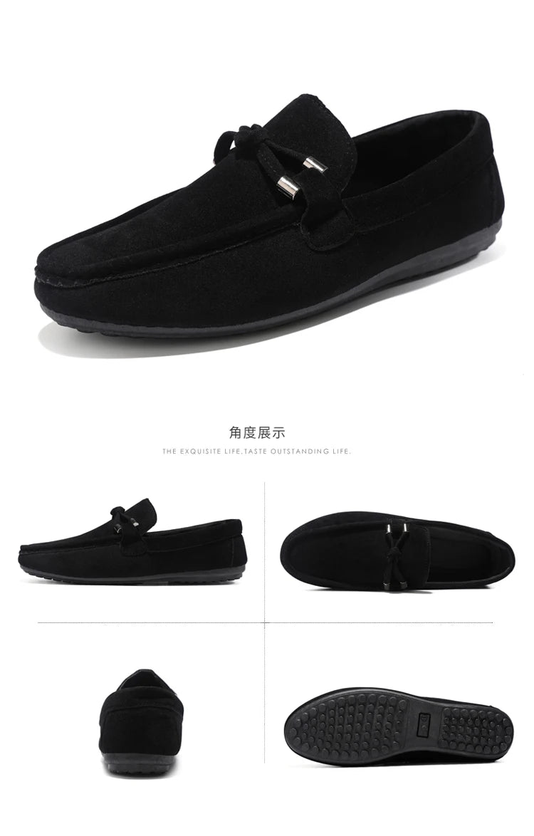 2026 Summer Casual Fashion Driving Loafers Suede Leather Minimalist Slip-Ons Comfortable Trendy Work Shoes Black & Khaki Two-Ton