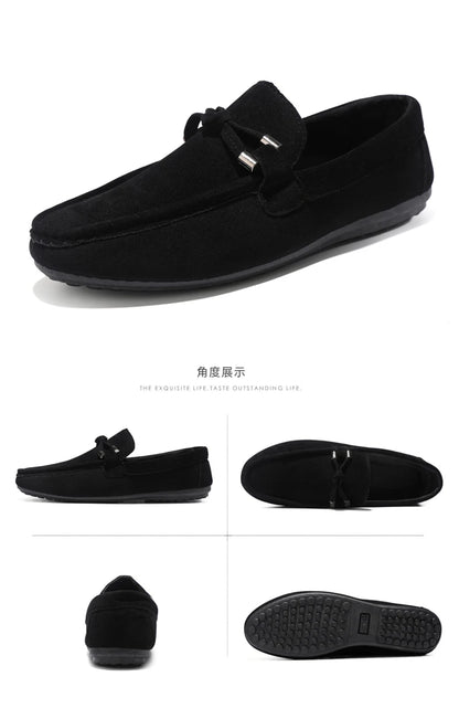2026 Summer Casual Fashion Driving Loafers Suede Leather Minimalist Slip-Ons Comfortable Trendy Work Shoes Black & Khaki Two-Ton
