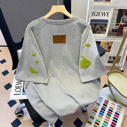 Short-sleeved T-shirts Women's Summer 2025 New Embroidered Flower Medium Long Loose All Match Niche Crew Neck Top