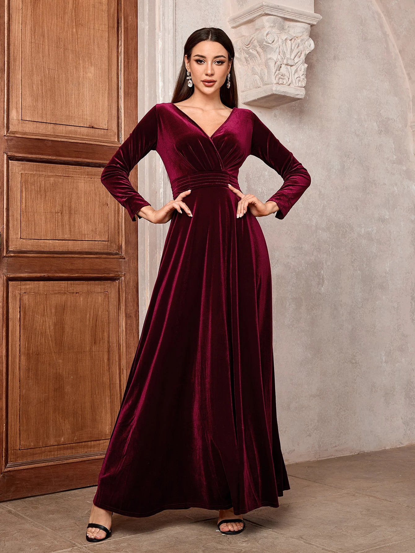 2024 Maxi Dress Lady Solid A-Line Cocktail Prom Long Luxury Elegant Wine Red Soft Velvet Evening Party Wedding Dresses for Women