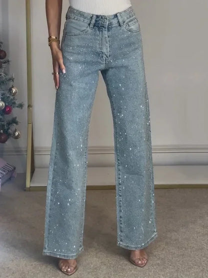 2025 Women Jeans Straight Diamonds Pants Stretch High Waist Washed Mom Jeans Y2k Streetwear Trousers Vintage Denims Streetwear