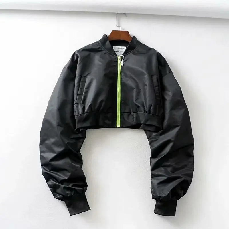 High Waisted Cropped Flight Jacket Women Spring Autumn Long Sleeved Folds Zipper Outerwear Casual Loose-fit Bomber Jackets Coat