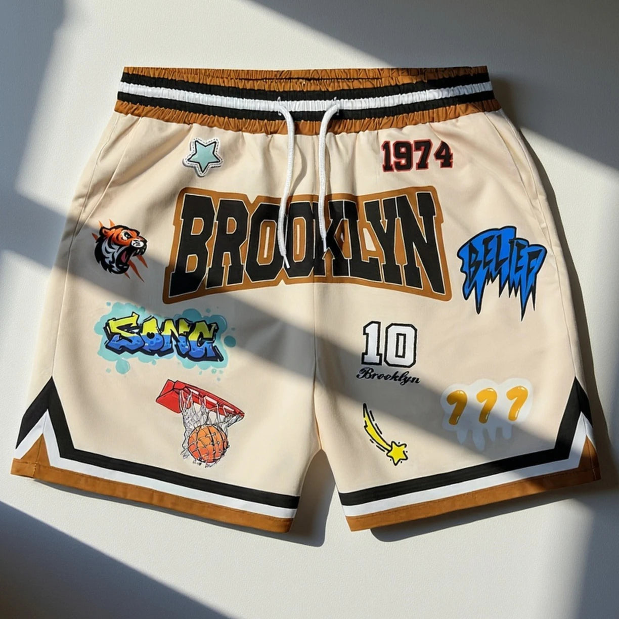 Brooklyn  Basketball  Shorts, Graffiti Patches Retro Beige Casual Streetwear Athletic Bottoms Men's casual quick-drying shorts