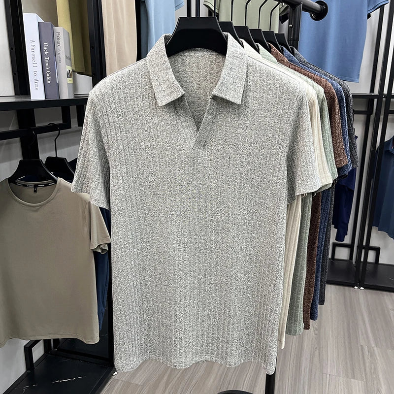 Men's Breathable Knitted Polo Tee Short Sleeve V Neck Striped Fabric Lightweight Casual Business Daily Wear