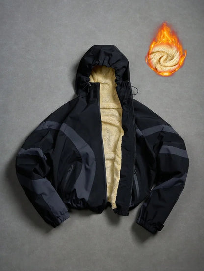 American Style Winter Short Jackets Men Fleece Lined Warm Hooded Coat Man Hip Hop Streetwear Loose Fit Outdoor Windbreaker