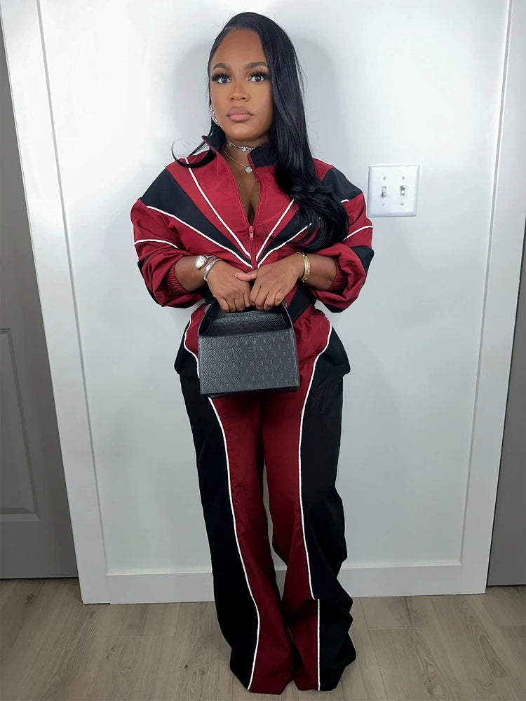 Fashion Women Windbreaker Set Color Block Long Sleeve Zipper Tops and Sweatpants 2025 Fall 2 Piece Sets Streetwear Outfits New