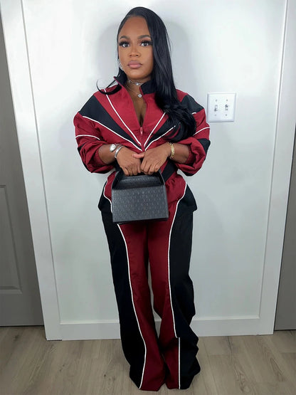 Fashion Women Windbreaker Set Color Block Long Sleeve Zipper Tops and Sweatpants 2025 Fall 2 Piece Sets Streetwear Outfits New