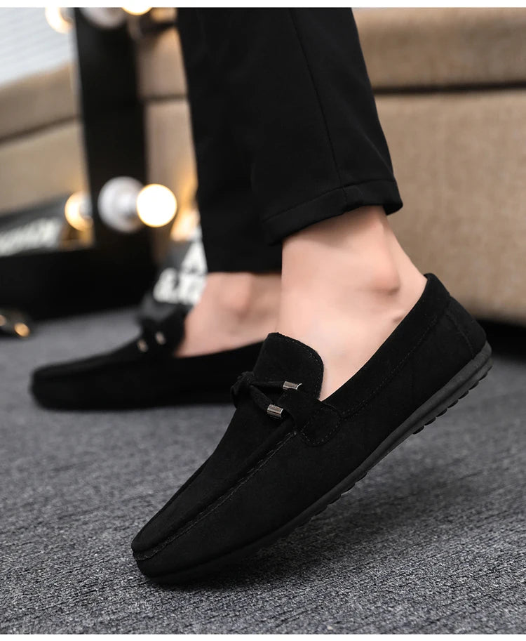 2026 Summer Casual Fashion Driving Loafers Suede Leather Minimalist Slip-Ons Comfortable Trendy Work Shoes Black & Khaki Two-Ton