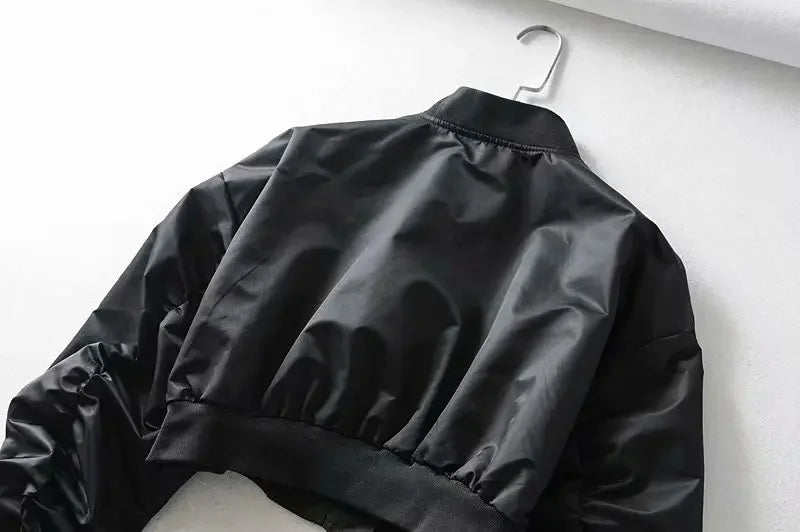High Waisted Cropped Flight Jacket Women Spring Autumn Long Sleeved Folds Zipper Outerwear Casual Loose-fit Bomber Jackets Coat