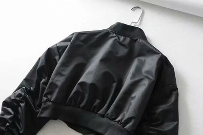 High Waisted Cropped Flight Jacket Women Spring Autumn Long Sleeved Folds Zipper Outerwear Casual Loose-fit Bomber Jackets Coat