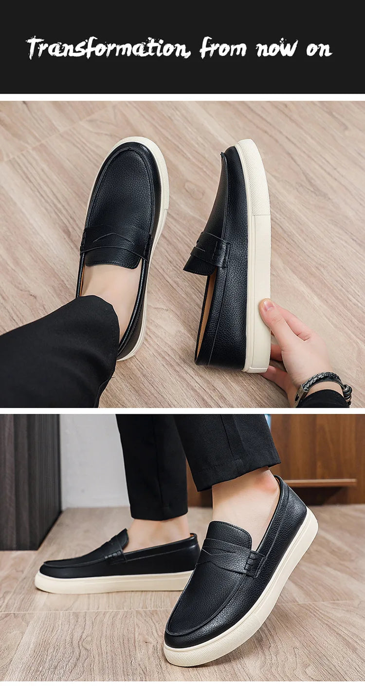 Casual Slip-On Men's Bean Oes Spring 2026 New Sle Comfortable Leather Sneakers Breathable Round Toe Flat Heel PU Lined