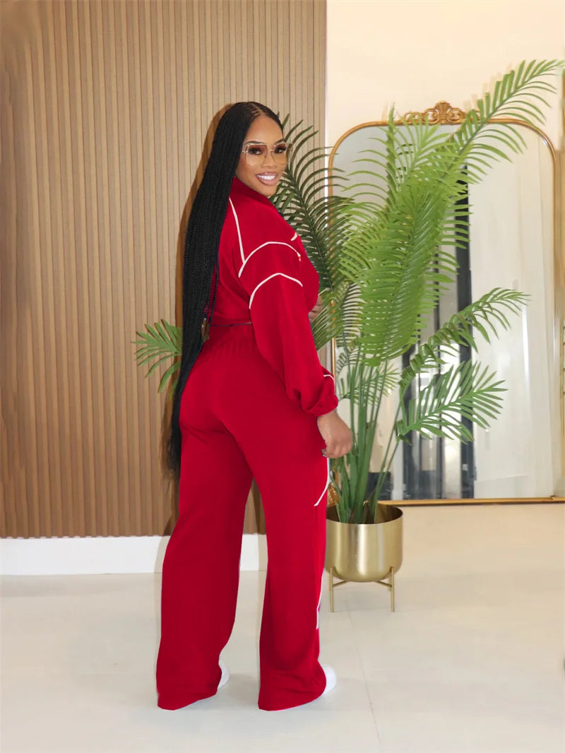 Doyerl Striped Casual Tracksuit Woman Two Piece Set Sports Workout Zipper Long Sleeve Jacket Coat and Sweatpants Matching Sets