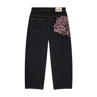 Vintage Cherry Blossom Black Knight Embroidery Jeans Y2k Retro Baggy Straight Denim Pants Blue Wash Jean Men Clothing Streetwear