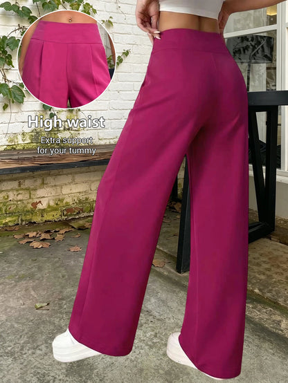 Women Loose Wide Leg Pants Straight Leg Minimalist Casual Rose Red Suit Commuter Long Pants Side Stripe Design Slimming Cargo Pa