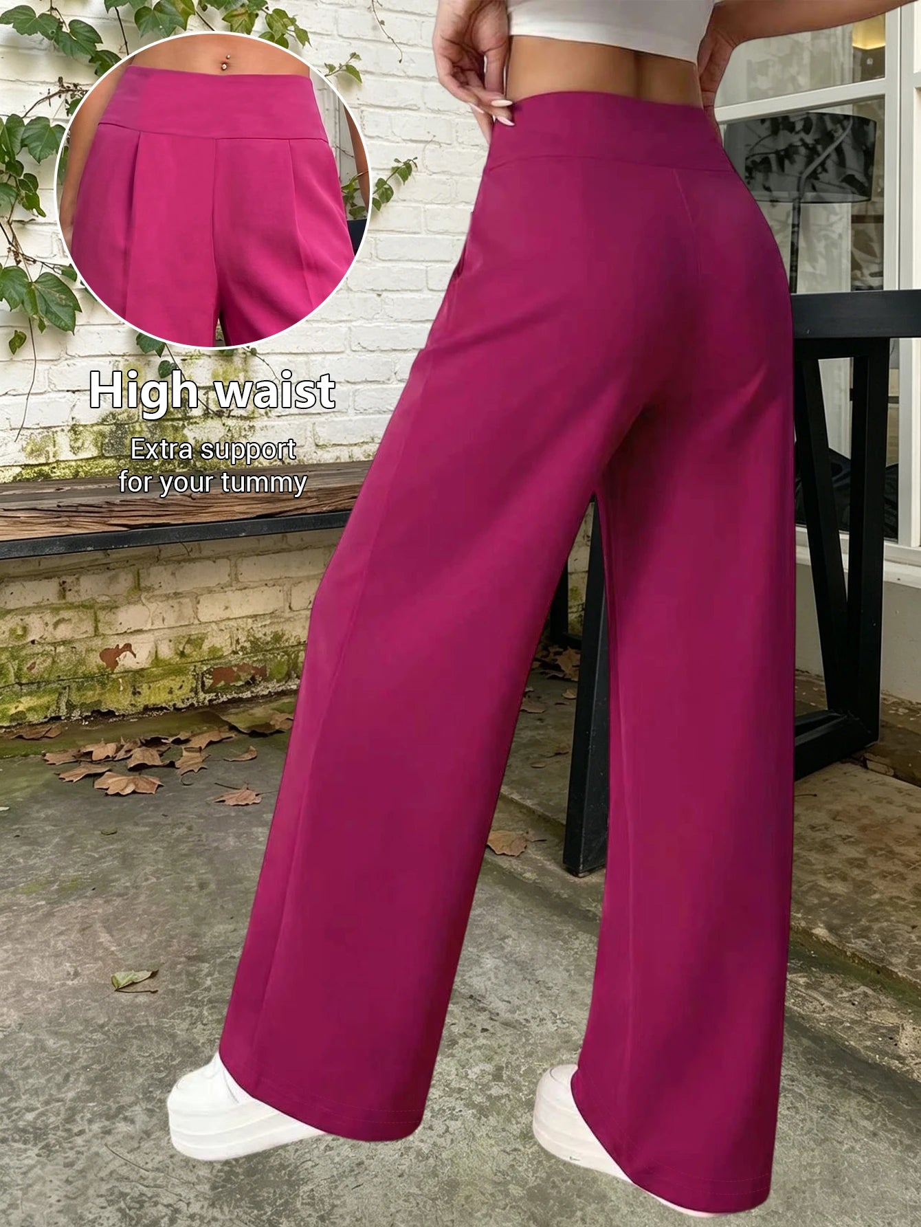 Women Loose Wide Leg Pants Straight Leg Minimalist Casual Rose Red Suit Commuter Long Pants Side Stripe Design Slimming Cargo Pa