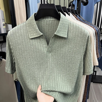 Men's Breathable Knitted Polo Tee Short Sleeve V Neck Striped Fabric Lightweight Casual Business Daily Wear