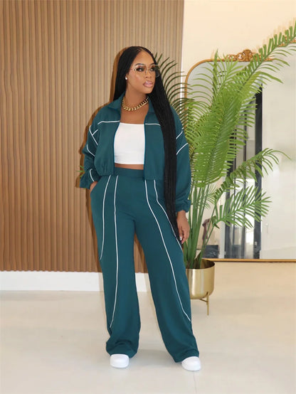 Doyerl Striped Casual Tracksuit Woman Two Piece Set Sports Workout Zipper Long Sleeve Jacket Coat and Sweatpants Matching Sets