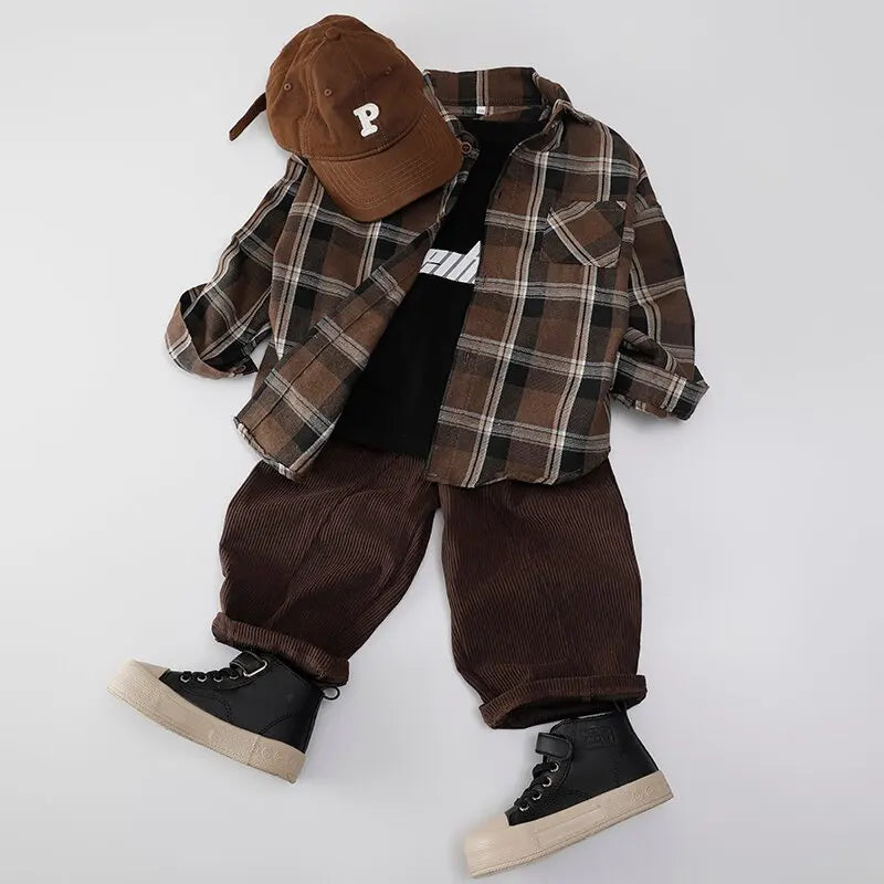 1PCS Autumn Blouses & Shirts New Spring Boy Shirt Plaid Long-sleeved Children's Fashion Tops Boys Handsome Spring Jacket Shirt