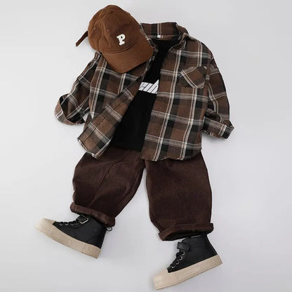 1PCS Autumn Blouses & Shirts New Spring Boy Shirt Plaid Long-sleeved Children's Fashion Tops Boys Handsome Spring Jacket Shirt