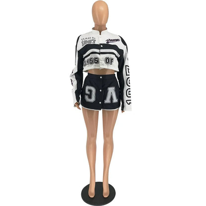 HLJ Letter Print Two Piece Outfits 2023 Autumn Winter Casual Sporty Baseball Coat Skirts Suits Detachable Buttons Y2k Streetwear