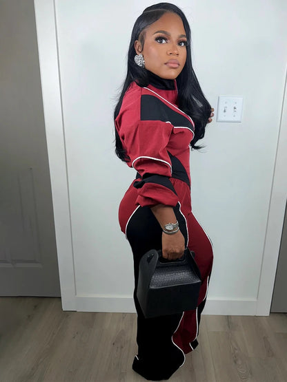 Fashion Women Windbreaker Set Color Block Long Sleeve Zipper Tops and Sweatpants 2025 Fall 2 Piece Sets Streetwear Outfits New