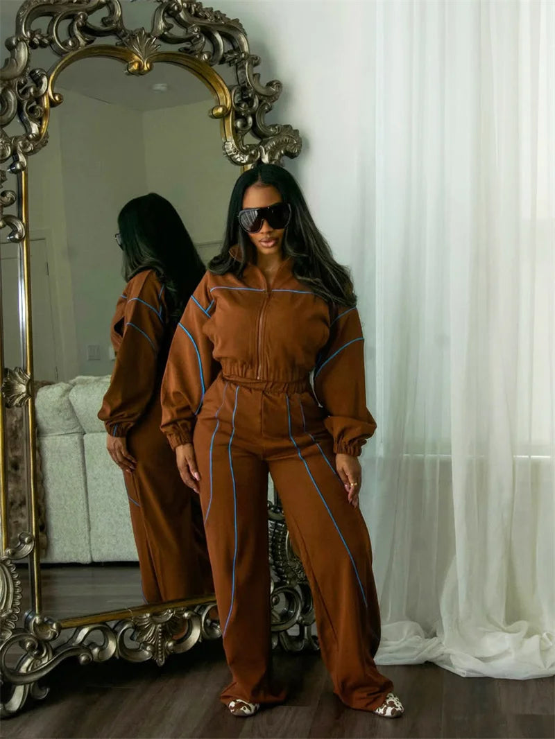 Doyerl Striped Casual Tracksuit Woman Two Piece Set Sports Workout Zipper Long Sleeve Jacket Coat and Sweatpants Matching Sets