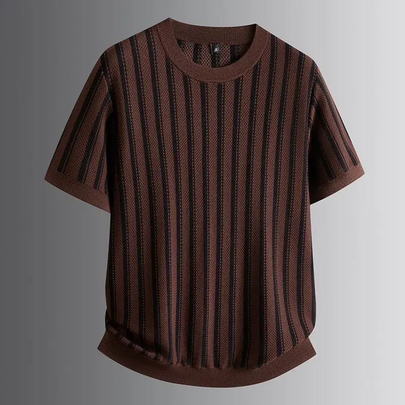 Spring New Round Neck Striped Jacquard Contrasting Short Sleeved Knitted Sweater for Men's Casual Versatile Half Sleeved Sweater