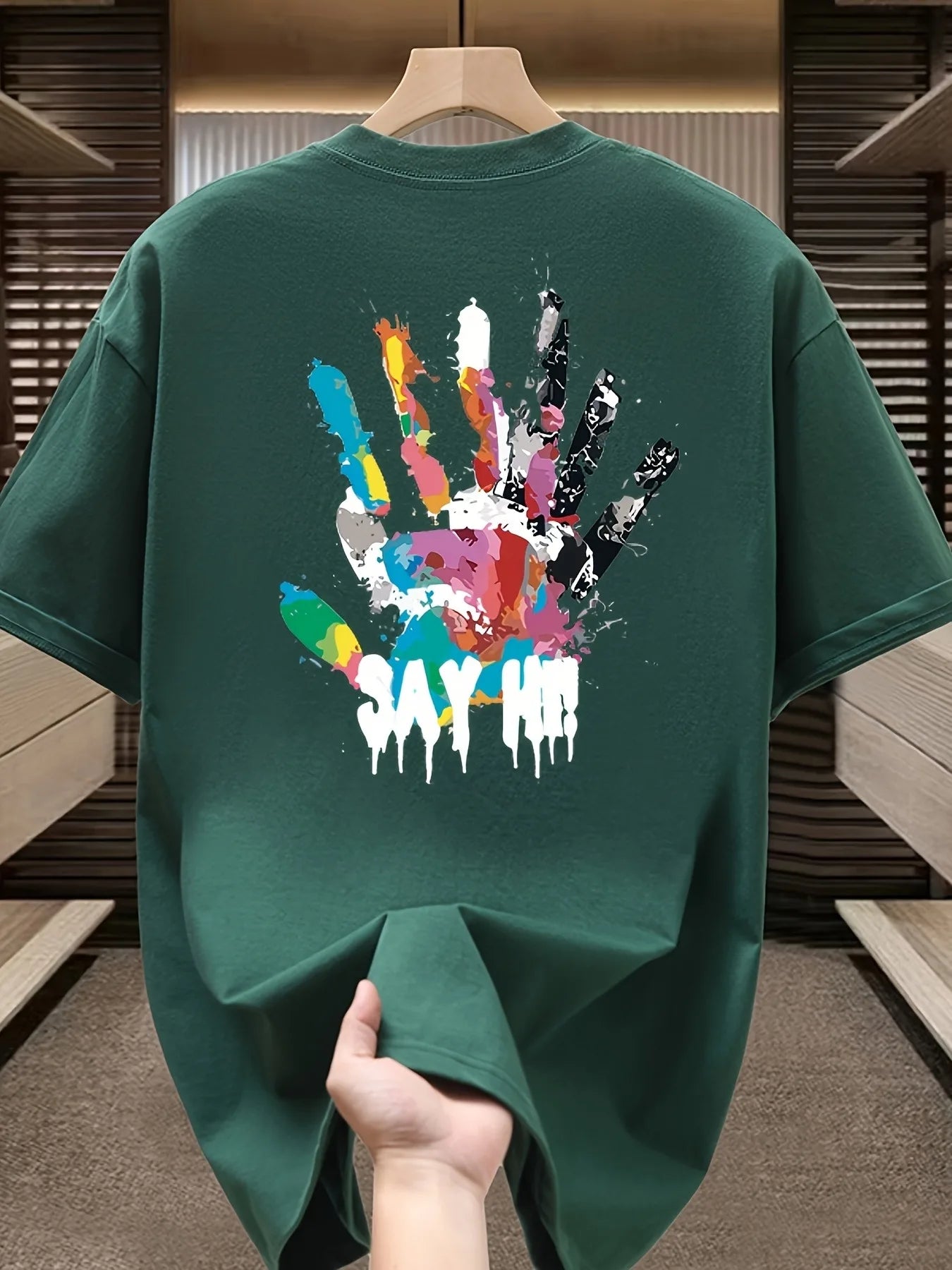 Summer New Trendy Brand Graffiti Handprint Print Heavyweight 100%Cotton T-shirt Men Casual Versatile Suitable Occasions Relaxed