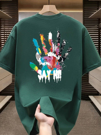 Summer New Trendy Brand Graffiti Handprint Print Heavyweight 100%Cotton T-shirt Men Casual Versatile Suitable Occasions Relaxed