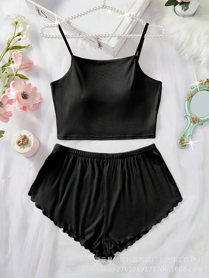 2025 New Women's Fashion Pure Color Slim Fit Top And Shorts Set with Belly Button Exposure Cross Strap Vest Home Comfortable