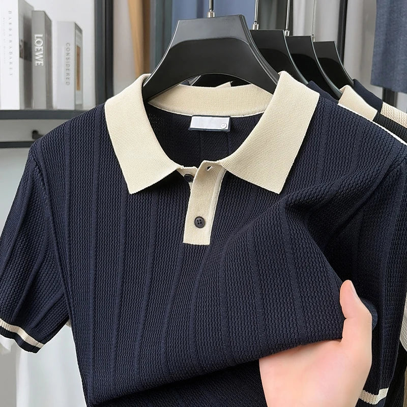 Summer Lightweight Men's Polo Shirt, Middle-aged Jacquard Color-block Breathable Wrinkle-free Casual Knitted Top