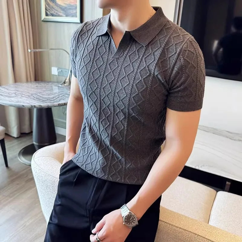 Polo Style Sweaters for Men Summer New Slim Fit Short Sleeve Business Casual T-shirts Male Solid Turn Down Collar Knitwear Tops