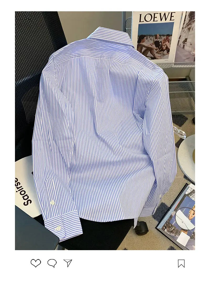 Striped Polo Neck Button Shirt Tops Long Sleeve Loose All-match High Street Blouse Fashion Casual Spring New Women Clothing